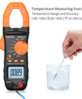 True RMS Clamp Meter 800A AC DC With 6000 Count Multimeter showing temperature measurement in glass of water