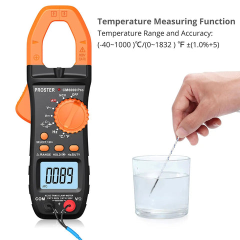 True RMS Clamp Meter 800A AC DC With 6000 Count Multimeter showing temperature measurement in glass of water