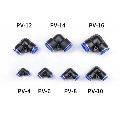Super Cool 100 Piece Pneumatic Fittings Kit Push To Connect Air Hose Adapters For Quick Assembly With Adjustable Size Port And Elegant Black Finish Fit Perfectly For Compressors And Industrial Tools. PV-4 to PV-16 black elbow pneumatic fittings with blue seals