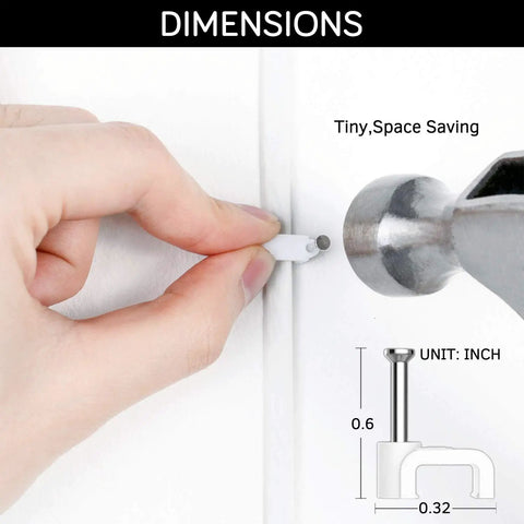 Close-up of 100 Pack 8mm Ethernet Cable Clips With Nails For Cat6 Cat7 Flat Cables White Durable UV Stabilized Plastic Cord Holders