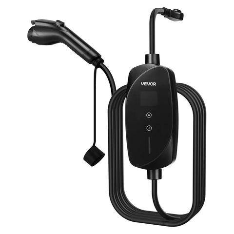 Charge Anywhere Level 1 and Level 2 Portable EV Charger With 25 Foot Cable and LCD display, shown with charging connector.