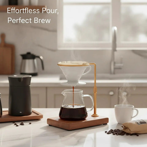 Kickstart Your Morning Ritual With This Totally Awesome Adjustable Wooden And Aluminum Pour Over Coffee Stand Made For Mugs And Carafes A Heavy Duty Brewing Station, showcasing coffee drip setup with glass carafe.