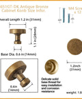 Diagram of Six Pack Antique Brass Cabinet Knobs Set For Drawers And Cabinets, Solid Zinc Alloy One Hole Mount, with measurements.