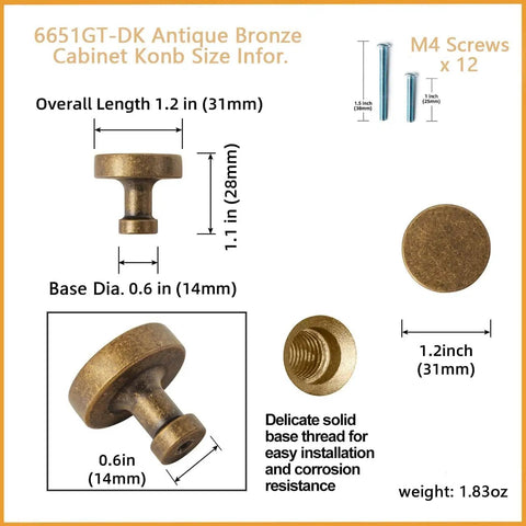 Diagram of Six Pack Antique Brass Cabinet Knobs Set For Drawers And Cabinets, Solid Zinc Alloy One Hole Mount, with measurements.