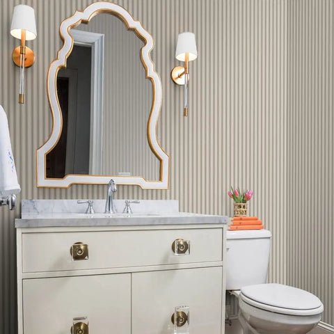 Straight Up Rustic Farmhouse Vinyl Wallpaper With Kickass Leather Texture Heavy Duty Type II Wallcovering in a modern bathroom.
