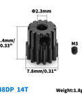 48DP Metal Pinion Gear Set For 1/18 RC Cars 2.3mm Shaft 14T Hardened Steel CNC with dimensions and M3 screw