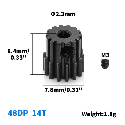 48DP Metal Pinion Gear Set For 1/18 RC Cars 2.3mm Shaft 14T Hardened Steel CNC with dimensions and M3 screw