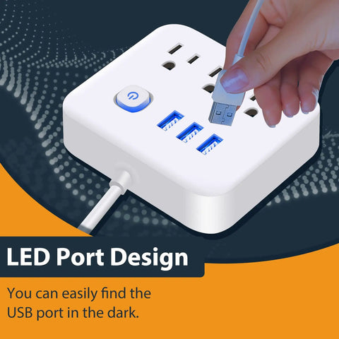 Hand plugging into Power Strip With USB Ports And 3 Outlets Flat Plug Desktop Charging Station For Dorm Home Office Travel UL Listed 2000W 10A 3 USB Ports 5V 2.1A No Surge Protector White