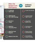 Comparison chart of Fast Cure Golf Epoxy vs. ordinary epoxies with syringe, highlighting quick bond and superior performance.