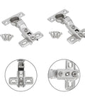 Box Of Two Inset Furniture Hinges Featuring Soft Close Hydraulic Damper For Kitchen Cabinet Doors seen with screws and detailed views.