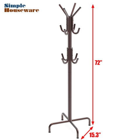 Standing Coat And Hat Rack With 12 Hooks Bronze Finish, Space Saving Organizer For Coats, Hats, Scarves, And Bags, Stable Four Leg Base Keeps Floor Safe And Tidy