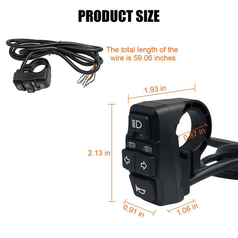 Three In One Motorcycle Handlebar Switch With Headlight Horn And Turn Signals Easy On Off Controller product with size details
