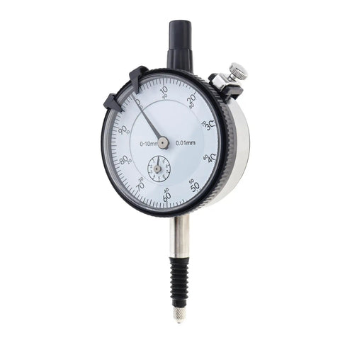 Front view of Pro Grade Metric Dial Indicator 0 To 10 MM With 0.01 MM Increments, Waterproof Cover, Lug Back, Stainless Stem, White Dial.
