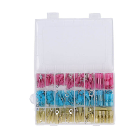 Plastic case with assorted insulated heat shrink butt connectors for Self Adjusting Ratchet Ferrule Crimping Tool Kit.