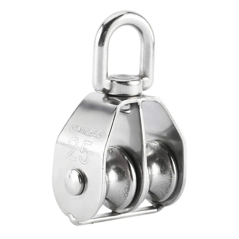 M25 Double Pulley Block Kit With 2 M8 Carabiners, 304 stainless steel, heavy duty rust resistant, indoor outdoor use, swivel pulley