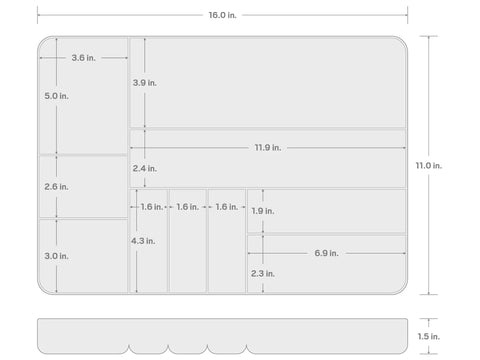 Diagram of the 10 Compartment Organizer Tray In Black For Drawer Storage, Ultra Slim 1.5 Inch Tall, showing dimensions.