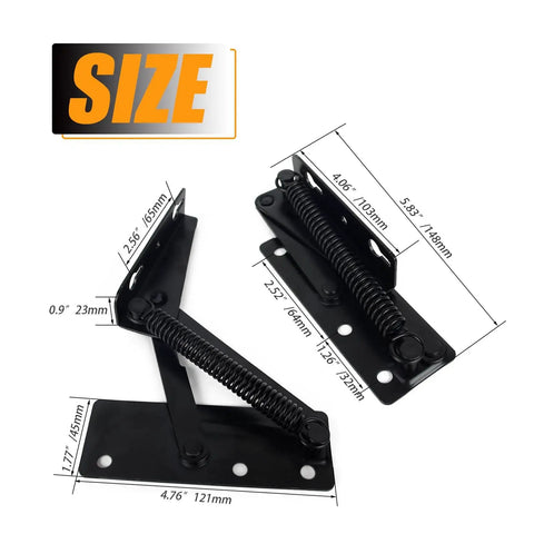 Foldable Lifting Bracket Set 80 Degree Sofa Spring Hinge For Storage Boxes, Sofa Beds, Cabinets And Toy Chests, size dimensions shown