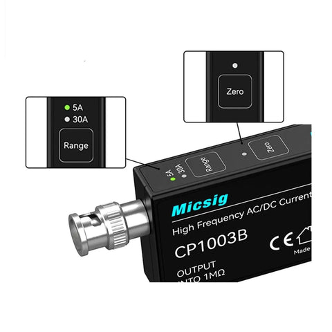 Micsig High Frequency AC DC Current Probe For Scope Testing With 50Mhz Bandwidth, showing buttons for 5A and 30A range options.
