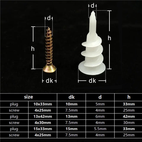 100 Sets Self Drilling Drywall Anchors With Tapping Screws Kit Easy Install Heavy Duty Wall Mount Fasteners With Yellow Zinc Finish Rust Resistant Carbon Steel No Pre Drill Needed Keeps Shelves TVs And Decor Solid As A Rock. 10x33mm anchor and 4x25mm screw size chart