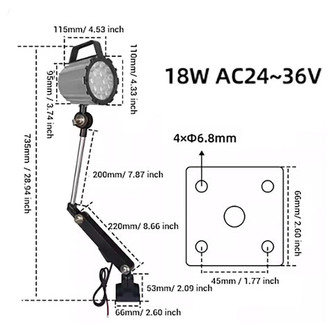 Flex Arm Led Shop Light 24V 18W For Wood Lathe And Drill Press Flicker Free features dimensions and gooseneck design.
