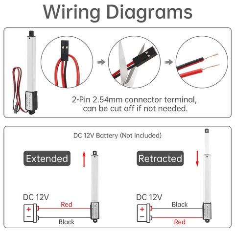 Wiring diagram for Compact 12V Mini Linear Motion Actuator showing connection details for DC 12V power supply.