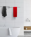 Spacious Dual Arm Swinging Towel Bar Offering Effortless 180 Degree Pivot Wall Mount Design For Quick Wet And Dry Hanging Bumper Proof Setup With Glossy Chrome Finish with grey and red towels.