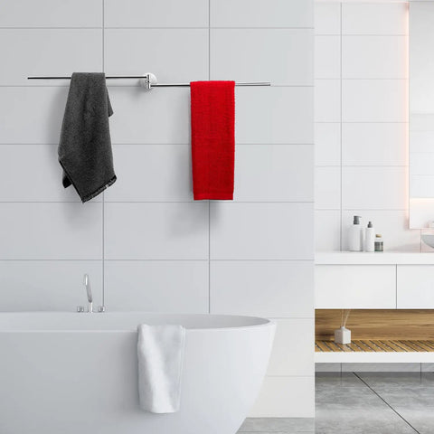 Spacious Dual Arm Swinging Towel Bar Offering Effortless 180 Degree Pivot Wall Mount Design For Quick Wet And Dry Hanging Bumper Proof Setup With Glossy Chrome Finish with grey and red towels.