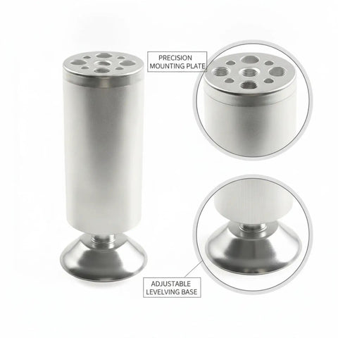 Rock Solid Adjustable Height Aluminum Cabinet Leg With Oxidized Finish, precision mounting plate, leveling base visible.