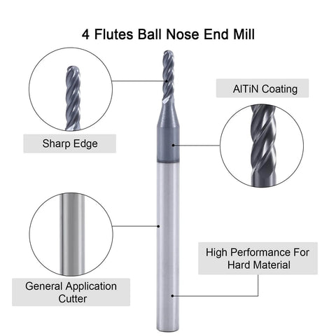 Ball Nose End Mill Cutter 0.0625 Inch Diameter, 0.125 Inch Shank, 4 Flute Micro Grain Carbide CNC Router Bit AlTiN Coated