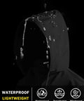 Mens Hooded Packable Rain Jacket Waterproof Breathable Windbreaker Black Large showing water resistance feature.