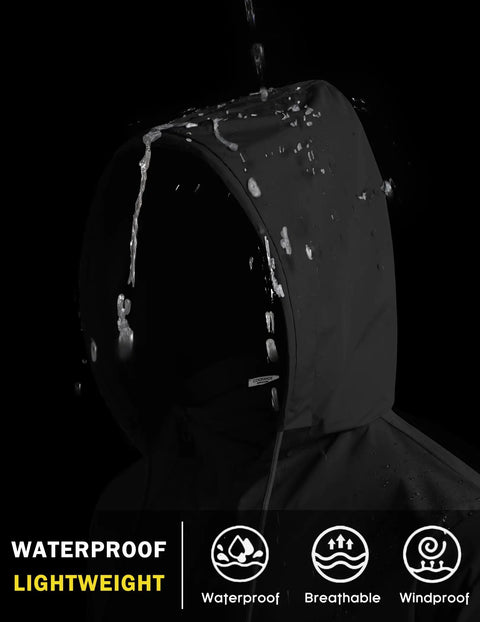 Mens Hooded Packable Rain Jacket Waterproof Breathable Windbreaker Black Large showing water resistance feature.