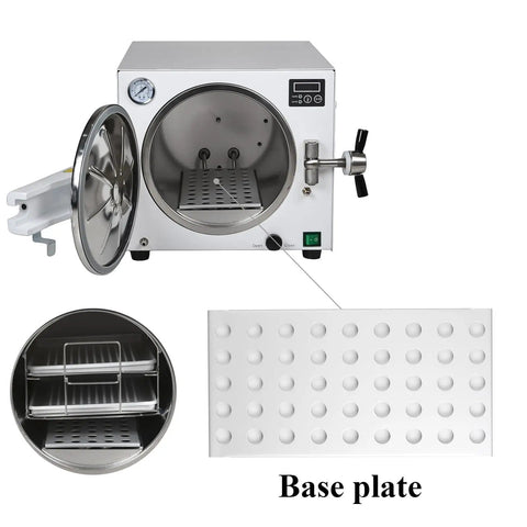 Stainless Steel 18L Autoclave High Pressure Temperature 1100W LED Steam Sterilizer, open door view showing base plate and interior.