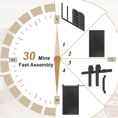 Sliding Barn Door 30x84 Inches Black With Modern Paneled Wave Design, assembly process, complete set, 30-minute setup