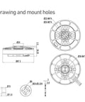 Technical drawing showing mount holes and dimensions for Pro Grade Brushless Drone Motor 100 Kv Ultra Light 303 Gram Build.