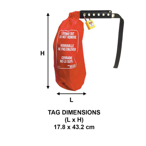 Lockout Tagout Oversized Plug And Hoist Control Cover For Odd Sized Electrical Connectors And Hoist Controls Rugged Rip Stop Nylon Bag With Cinch Sack Inserts PVC Tubing, displayed with size dimensions.