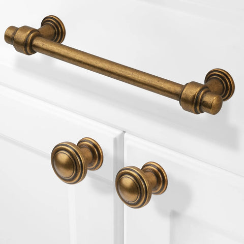 Antique Brass Cabinet Pulls Five Inch Hole Centers Ten Pack Zinc Alloy Vintage Drawer Handles Solid Aged Gold Bronze