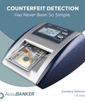 No Sweat Commercial Grade Five Point Automatic Money Bill Detector And Counterfeit Validator With Ultraviolet Magnetic Infrared Watermark Dimension Sensors For Quick Buck Scans And Secure Retail Transactions showing US bill detection display.