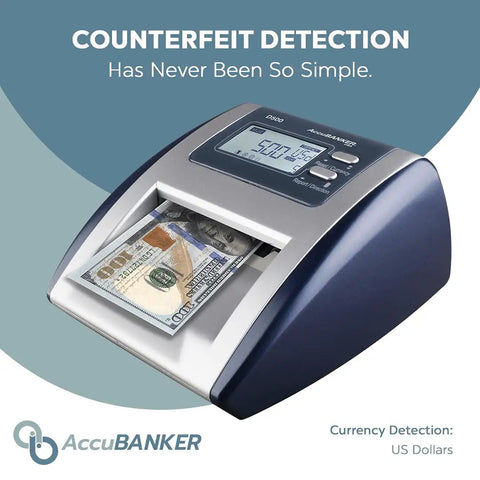 No Sweat Commercial Grade Five Point Automatic Money Bill Detector And Counterfeit Validator With Ultraviolet Magnetic Infrared Watermark Dimension Sensors For Quick Buck Scans And Secure Retail Transactions showing US bill detection display.