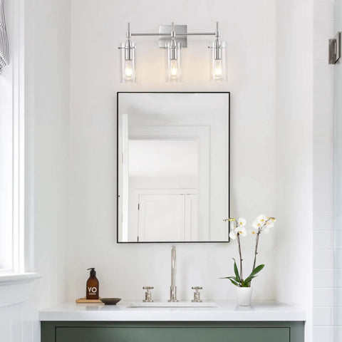 Brushed Nickel 3 Light Vanity Light For Bathroom With Clear Glass Shades Over Mirror Modern Industrial Style Vanity Fixture