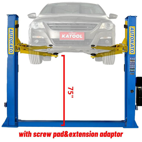 KATOOL 11000lbs two-post car lift with blue posts and yellow arms lifting a car