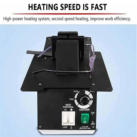 Heavy Duty 1500W Eyeglasses Frame Heater Pumping Out Big Heat With Zero Hassle hot air and controls on black base with glasses.