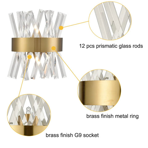 Mid Century Modern Gold Crystal Wall Sconce Set Of Two With Glass Rods Brass Finish, showing prismatic glass rods and brass details