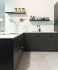 Modern kitchen with 12 Pack Knurled Cabinet Handles 5 Inch Hole Center 6.2 Inch Length Aluminum Pulls Gold And Black Oxidation Finish.