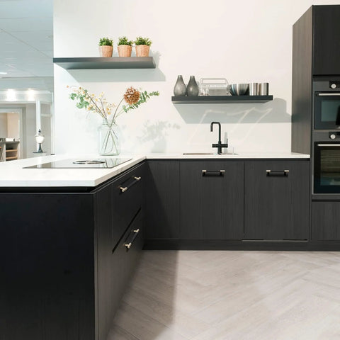 Modern kitchen with 12 Pack Knurled Cabinet Handles 5 Inch Hole Center 6.2 Inch Length Aluminum Pulls Gold And Black Oxidation Finish.