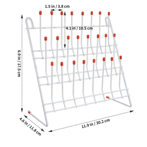 Festfends Metal Test Tube Drying Rack For Lab Use, Practical White Holder With 24 Slots, at an angled view showcasing dimensions.