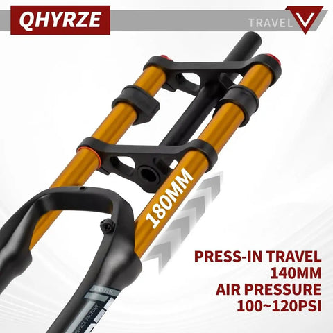 20 Inch Fat Tire EBike Air Suspension Fork With 140Mm Travel Rebound Adjustable Straight Steerer 9X135Mm QR 74Mm Disc Double Crown Front Fork For 20X4.0 Fat Bikes And EBikes Gold, close-up of fork showing 140mm press-in travel and air pressure 100-120PSI