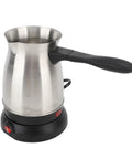 Front view of Electric Coffee Pot With Ergonomic Handle 600 Milliliter Stainless Steel Turkish Coffee Maker Kettle Delivers Barista Vibes