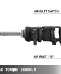 1 Inch Pneumatic Air Impact Wrench Heavy Duty Muscle Knocks Loose Rusty Nuts Quick With 5800 Nm Max Torque And 4000 Rpm Motor showing air inlet switch and handle.