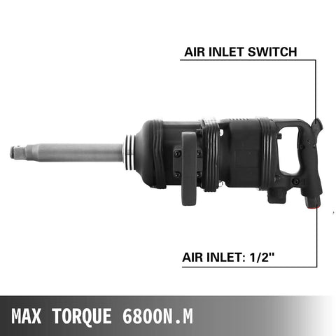 1 Inch Pneumatic Air Impact Wrench Heavy Duty Muscle Knocks Loose Rusty Nuts Quick With 5800 Nm Max Torque And 4000 Rpm Motor showing air inlet switch and handle.