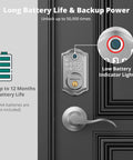 Slick Fingerprint Keyless Entry Door Lock With Sturdy Lever Handle Set In Brushed Nickel Finish displaying battery life features.